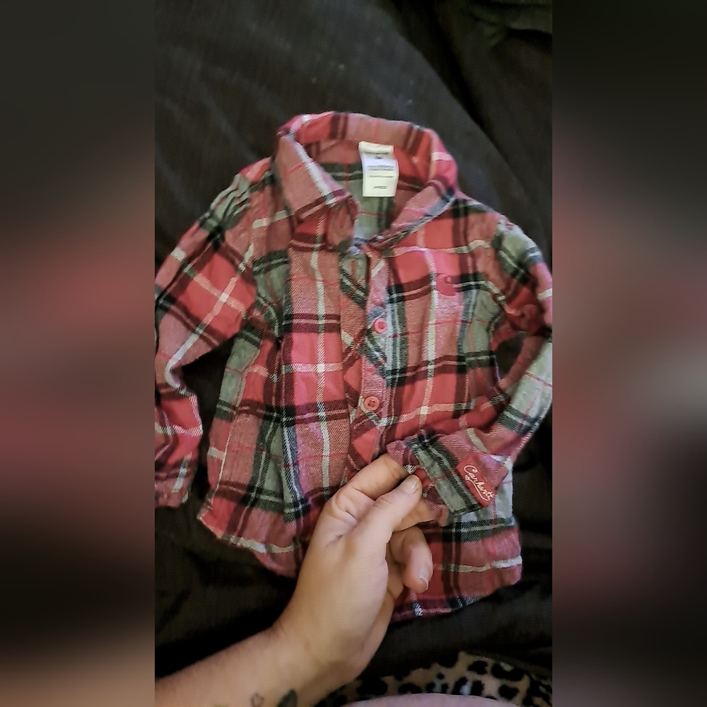 Carhartt long sleeve, pink plaid, button down shirt, baby girl 6 months
